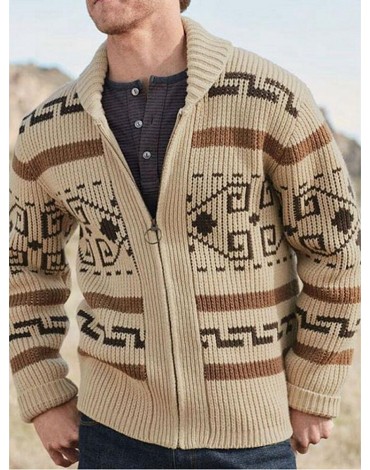 Mens Ethnic Print Zipper Knitted Casual Slim Fit Long Sleeve Cardigan Sweater