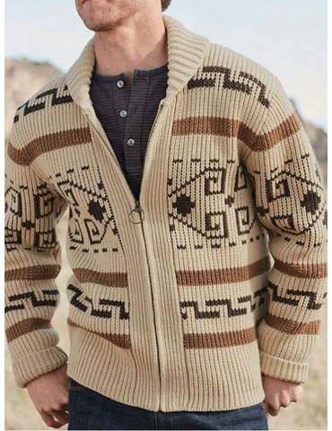 Mens Ethnic Print Zipper Knitted Casual Slim Fit Long Sleeve Cardigan Sweater