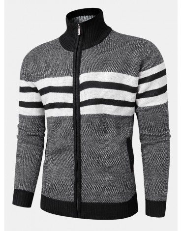 Mens Knitted Stripe Zip Front Stand Collar Casual Warm Cardigans