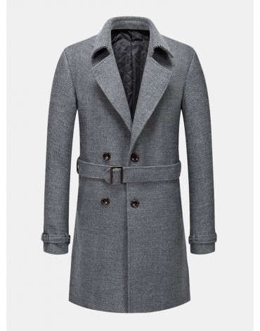 Mens British Style Mid-Length Woolen Thicken Warm Casual Belted Overcoat