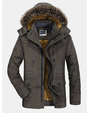 Mens Fleece Lined Multi Pocket Faux Fur Collar Detachable Hooded Coat