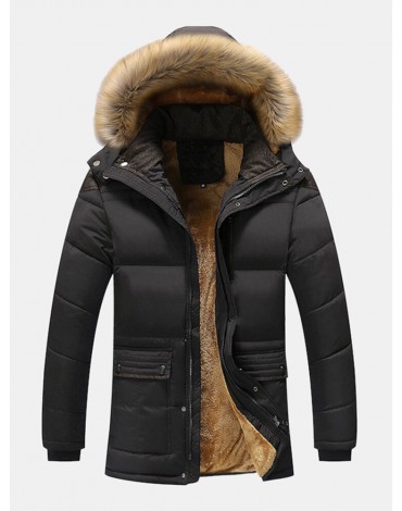 Mens Solid Color Fleece Lined Long Sleeve Thicken Detachable Faux Fur Collar Hooded Coats