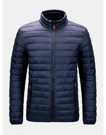 Mens Zip Front Quilted Solid Basic Padded Coats With Pocket