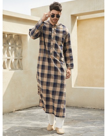 Men Lattice Half Buttons Calf Length Plaid Hooded Casual Night Robe