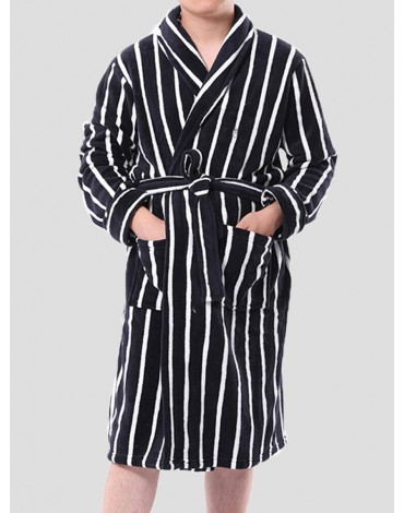 Mens Basic Striped Print Flannel Winter Thick Mid-Length Home Lounge Robes