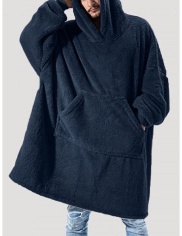 Mens Flannel Thicken Oversized Kangaroo Pocket Blanket Hoodies Warm Homewear