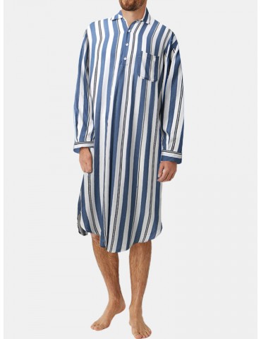 Mens Stripe Print Sleepwear Long Sleeve Chest Pocket Bathrobe Home Robe