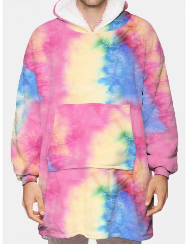 Mens Tie Dye Two-Sided Wearable Fleece Oversized Blanket Hoodie Loungewear With Handy Pocket