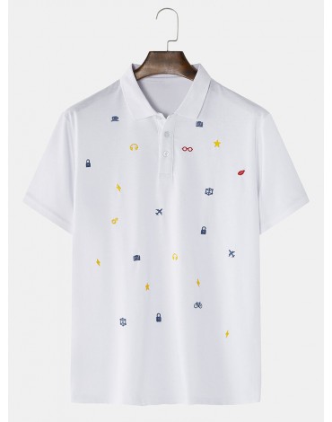 100% Cotton Mens Simple Cartoon Embroidery Short Sleeve White Casual Golf Shirts